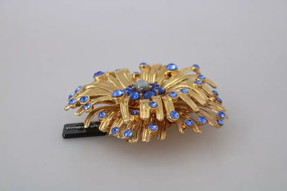 Gold Brass Blue Crystals Embellished Jewelry Brooch - The Luxe Alliance