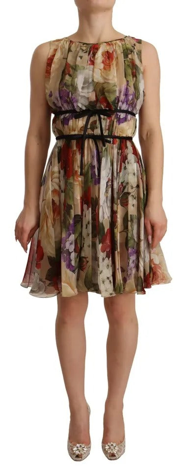 Beige Floral Sleeveless Round Neck Mini Dress - The Luxe Alliance