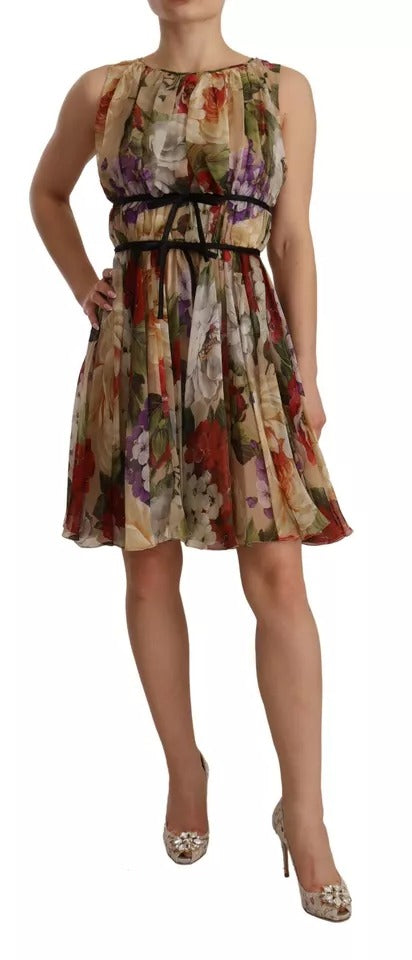 Beige Floral Sleeveless Round Neck Mini Dress - The Luxe Alliance