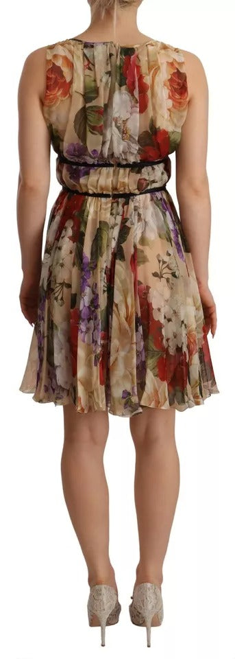 Beige Floral Sleeveless Round Neck Mini Dress - The Luxe Alliance