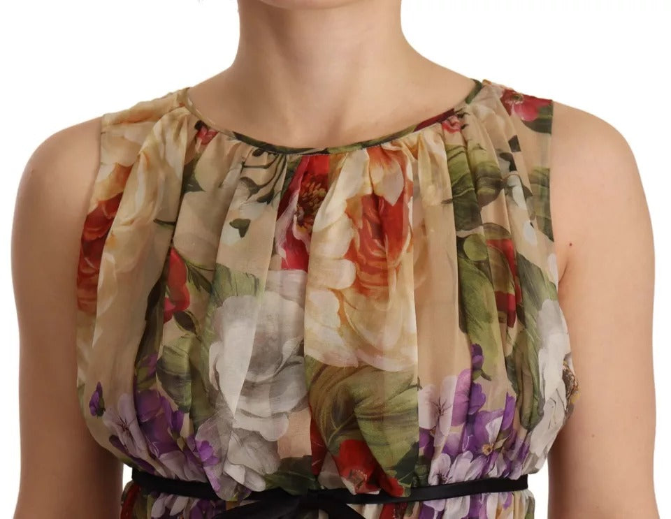 Beige Floral Sleeveless Round Neck Mini Dress - The Luxe Alliance