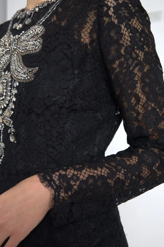 Black Nylon Lace Embellished Sheath Dress