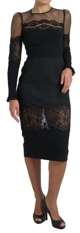 Black Sheer Floral Lace Sheath Midi Dress - The Luxe Alliance