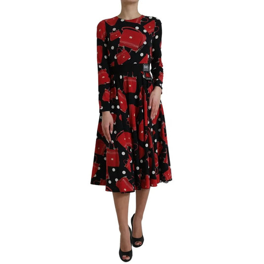 Dolce & Gabbana Black & Red Sicily Bags Print Flared Midi Dress