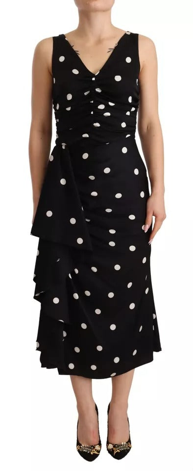 Black Silk Polka Dots V-neck Sheath Midi Dress - The Luxe Alliance