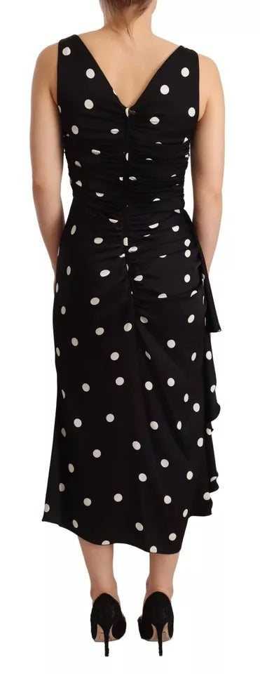 Black Silk Polka Dots V-neck Sheath Midi Dress - The Luxe Alliance