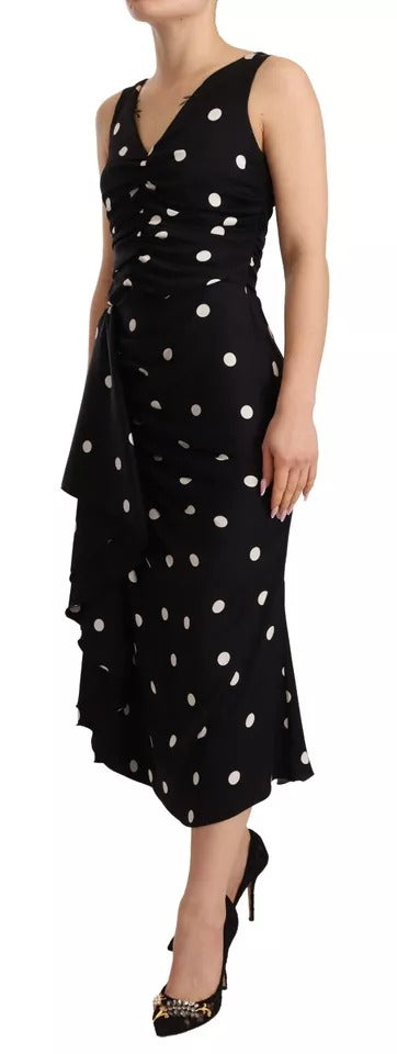 Black Silk Polka Dots V-neck Sheath Midi Dress - The Luxe Alliance