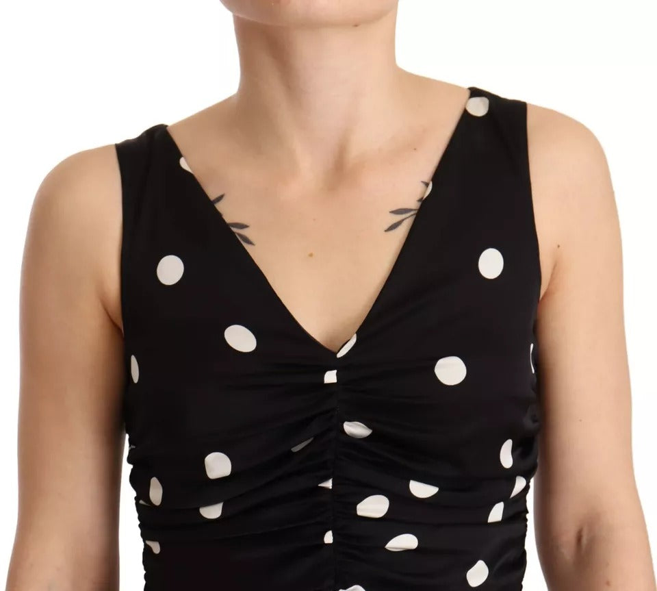 Black Silk Polka Dots V-neck Sheath Midi Dress - The Luxe Alliance