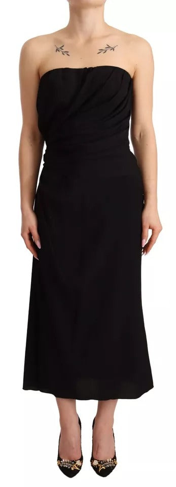 Black Silk Stretch Strapless Sheath Midi Dress - The Luxe Alliance