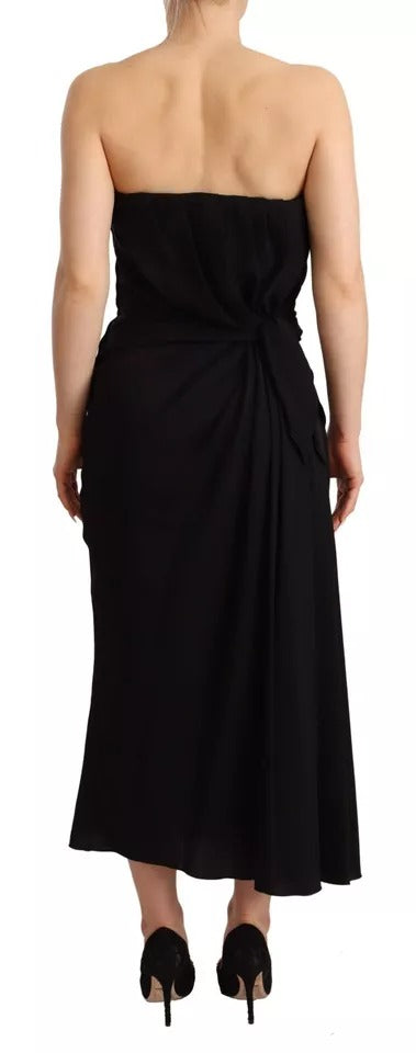 Black Silk Stretch Strapless Sheath Midi Dress - The Luxe Alliance