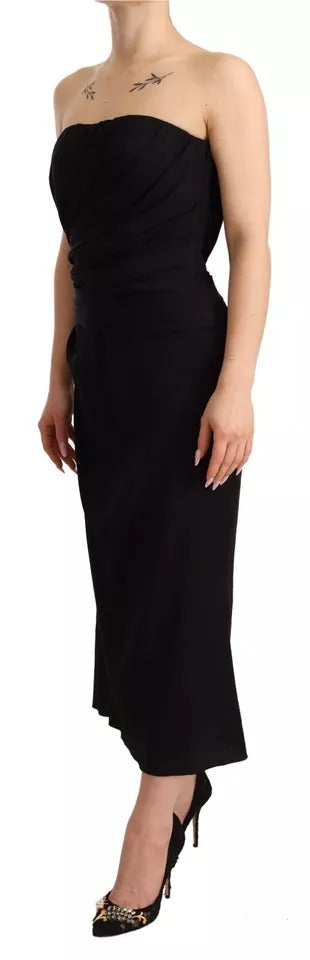 Black Silk Stretch Strapless Sheath Midi Dress