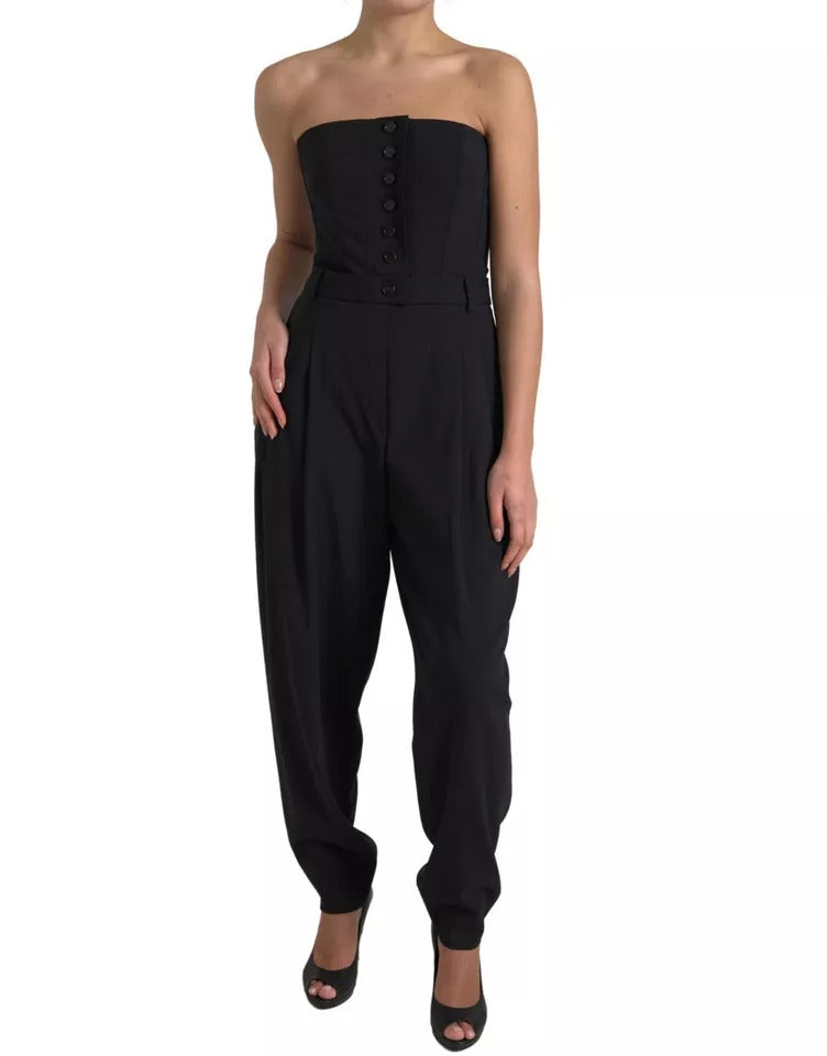 Black Wool Stretch Strapless Jumpsuit Dress - The Luxe Alliance