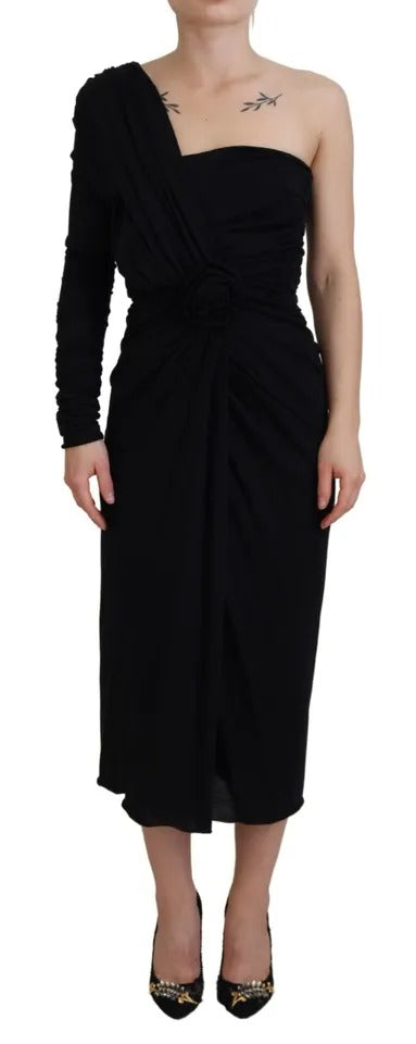  - Black Wrap Sheath One Shoulder Wool Dress