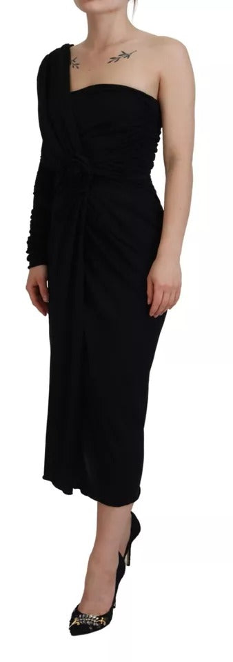  - Black Wrap Sheath One Shoulder Wool Dress