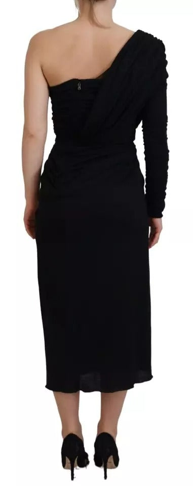  - Black Wrap Sheath One Shoulder Wool Dress