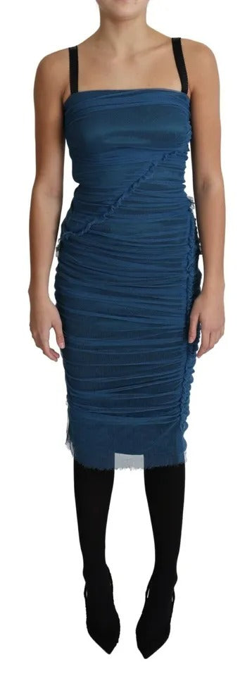  - Blue Draped Tulle Midi Sheath Cotton Dress