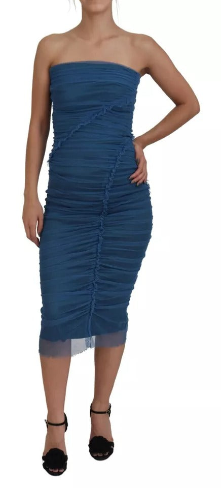  - Blue Mesh Trim Ruched Tulle Sheath Dress