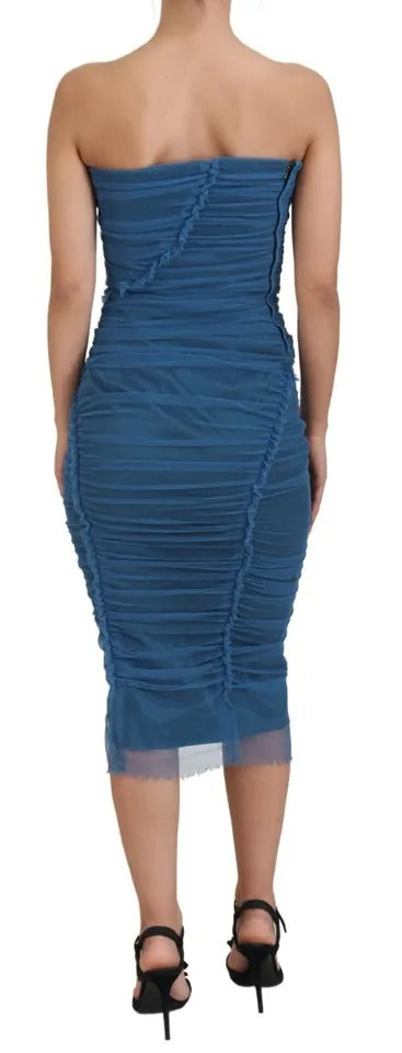  - Blue Mesh Trim Ruched Tulle Sheath Dress