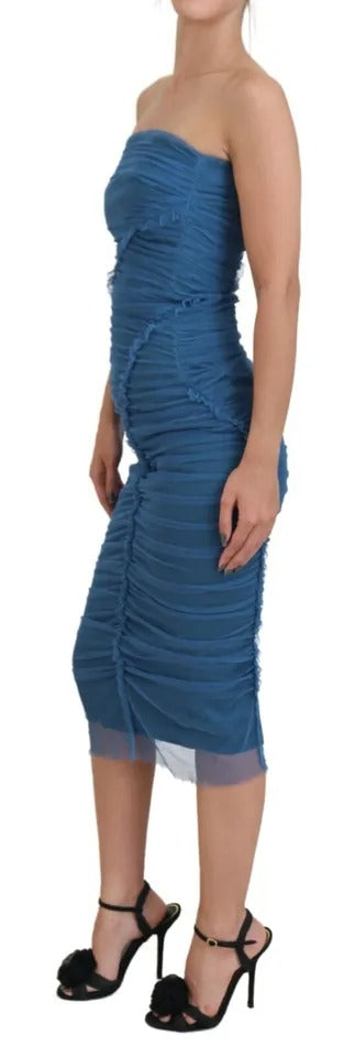  - Blue Mesh Trim Ruched Tulle Sheath Dress