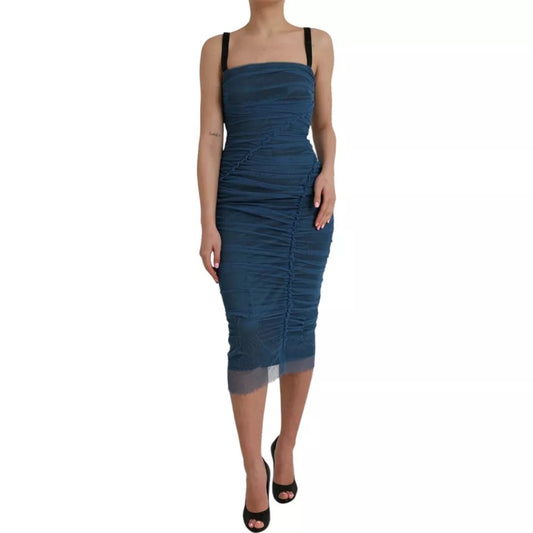  - Blue Mesh Trim Ruched Tulle Sheath Dress