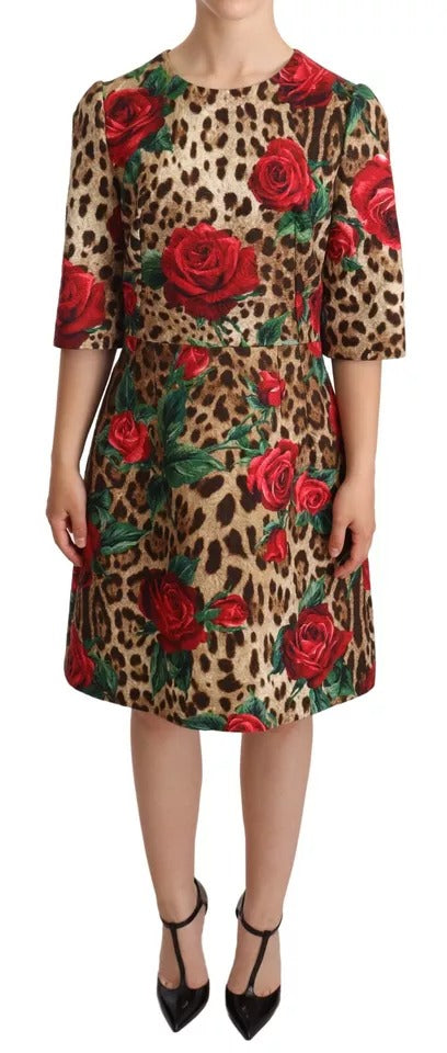 Brown Leopard Red Roses Cotton A-line Dress - The Luxe Alliance