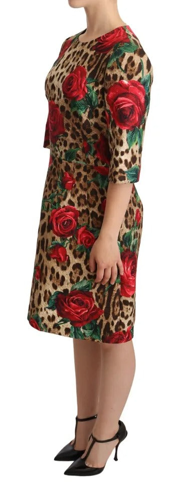 Brown Leopard Red Roses Cotton A-line Dress - The Luxe Alliance