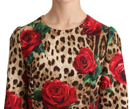 Brown Leopard Red Roses Cotton A-line Dress - The Luxe Alliance