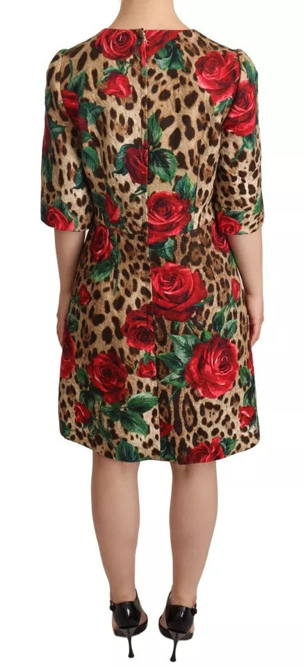 Brown Leopard Red Roses Cotton A-line Dress - The Luxe Alliance