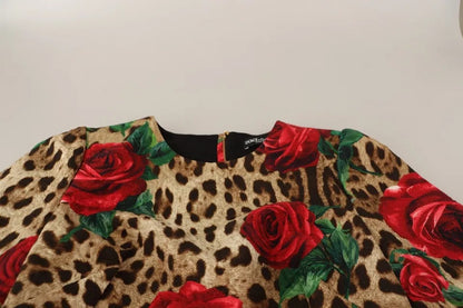 Brown Leopard Red Roses Cotton A-line Dress - The Luxe Alliance