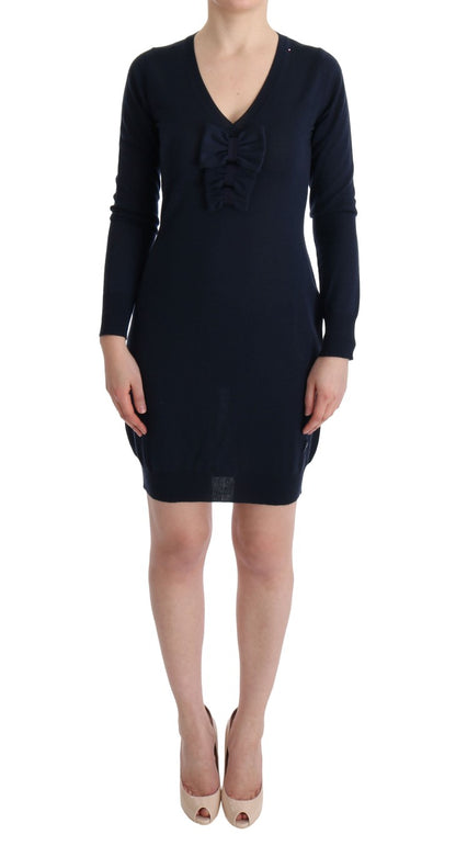 Elegant Over Knee Blue Wool Dress - The Luxe Alliance