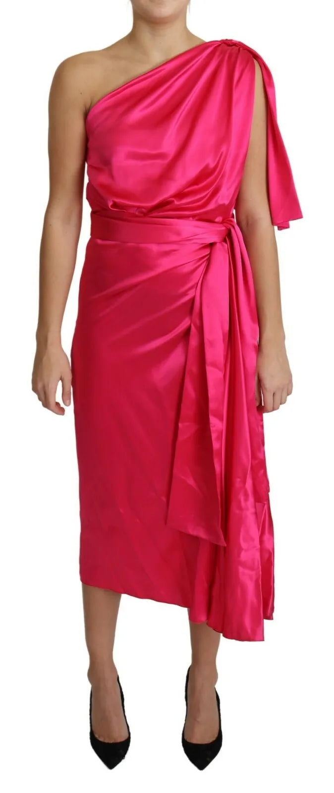 Fuchsia Fitted Cut One Shoulder Midi Dress - The Luxe Alliance