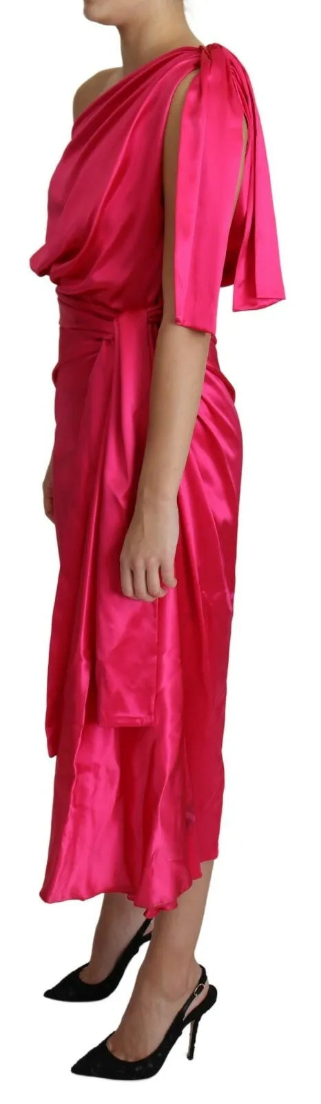 Fuchsia Fitted Cut One Shoulder Midi Dress - The Luxe Alliance