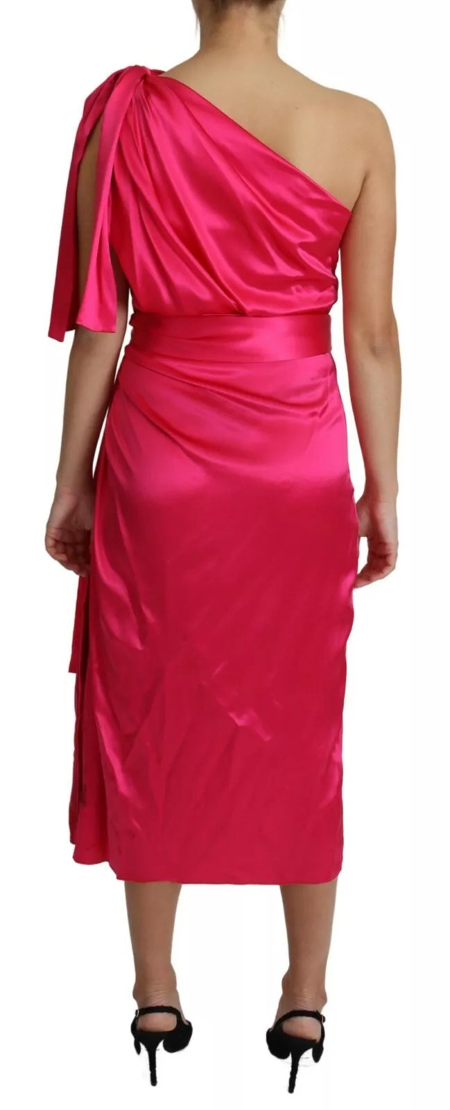 Fuchsia Fitted Cut One Shoulder Midi Dress - The Luxe Alliance