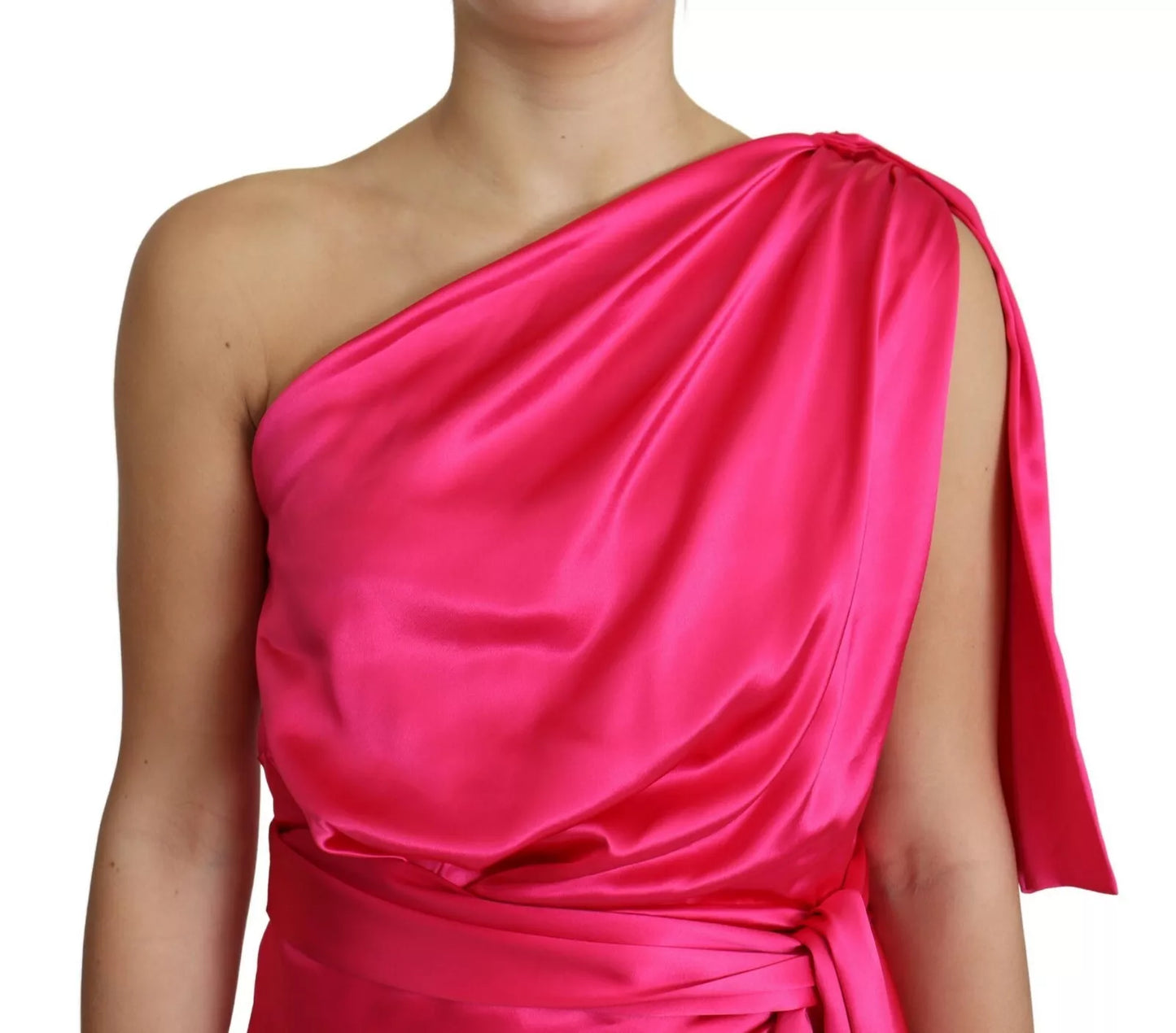 Fuchsia Fitted Cut One Shoulder Midi Dress - The Luxe Alliance