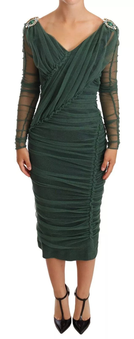 Green Ruched Stretch Tulle Crystal Midi Dress - The Luxe Alliance