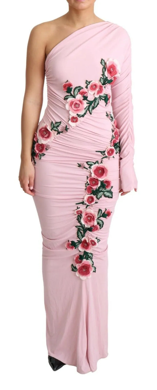  - Pink Flower Embellished One Shoulder Dress