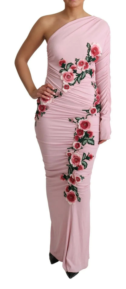  - Pink Flower Embellished One Shoulder Dress