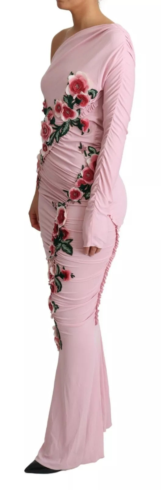  - Pink Flower Embellished One Shoulder Dress