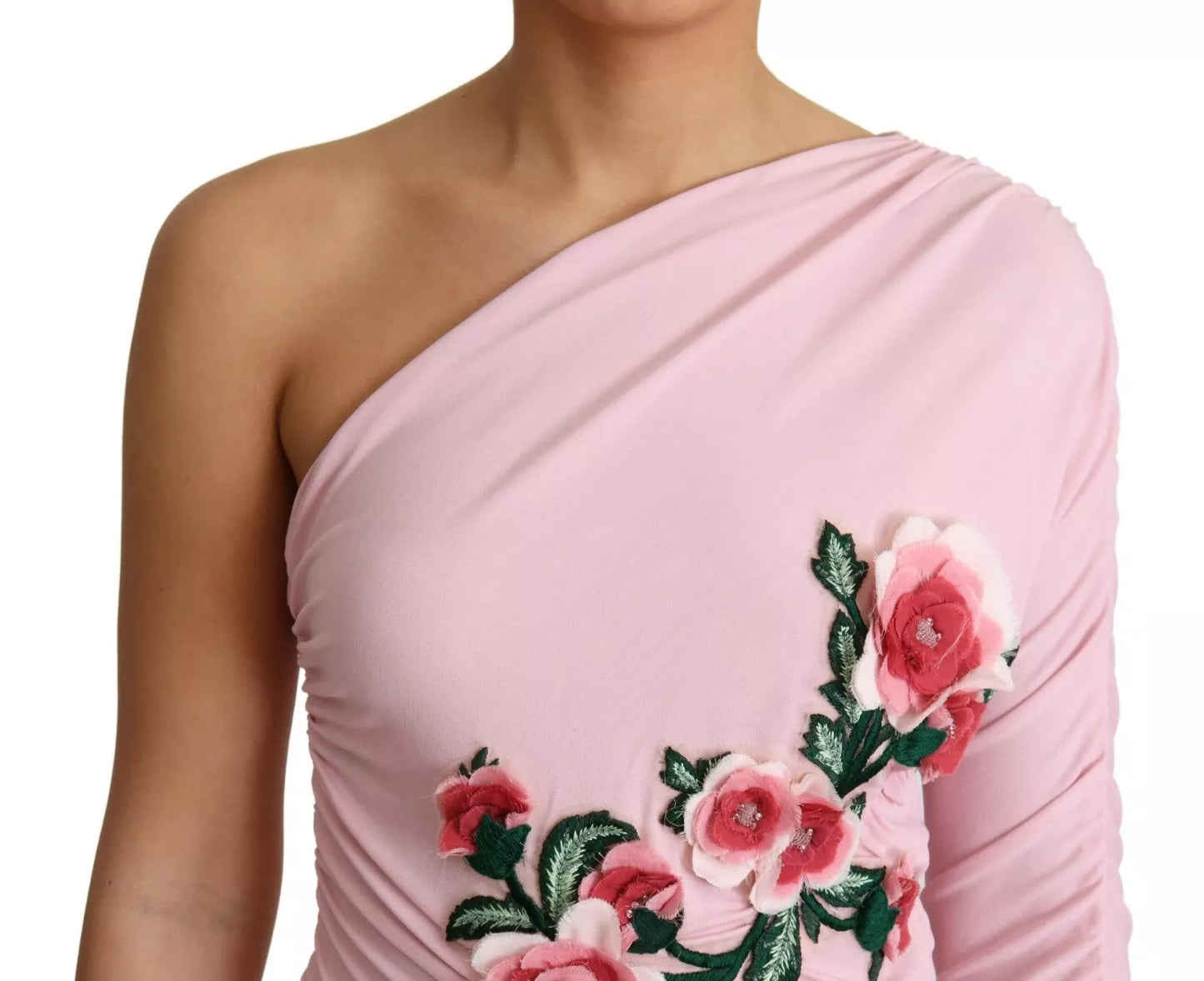  - Pink Flower Embellished One Shoulder Dress