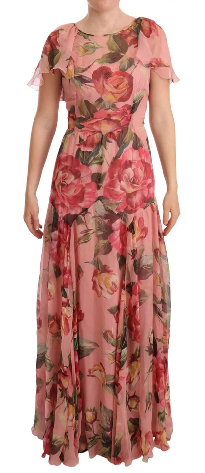  - Pink Silk Floral Print Layered Maxi Dress