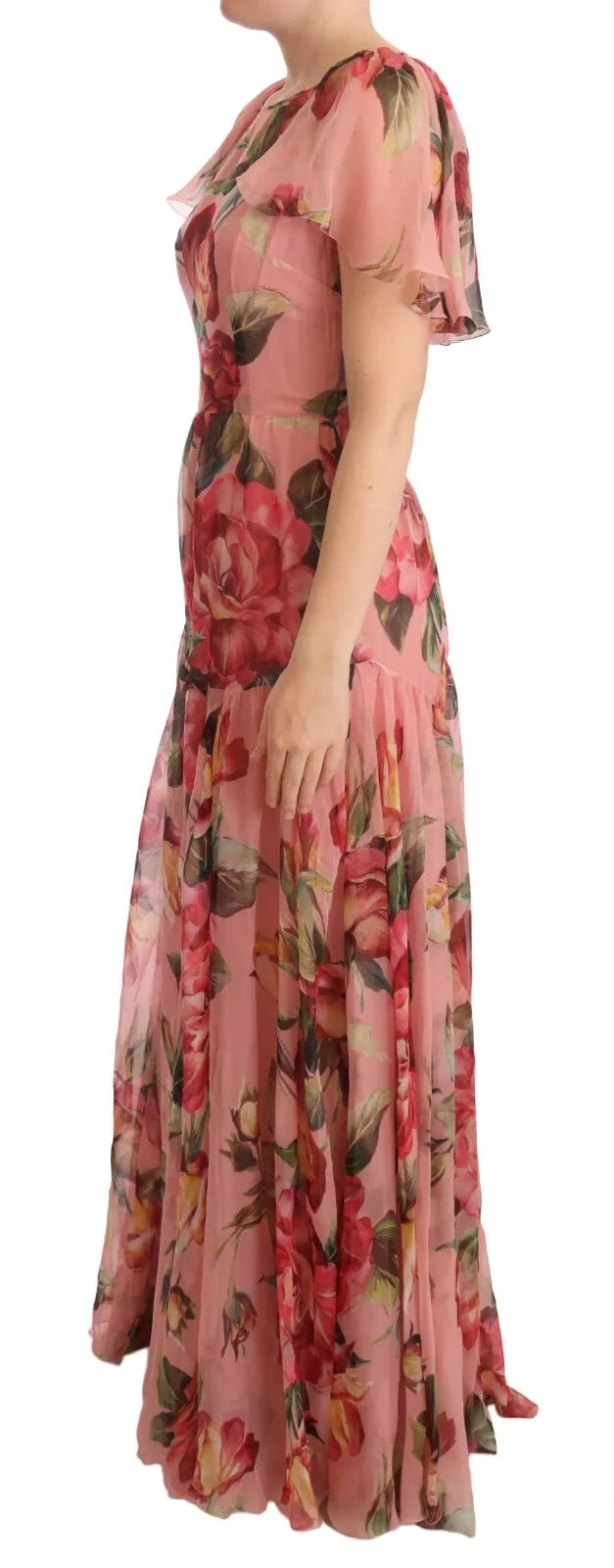  - Pink Silk Floral Print Layered Maxi Dress