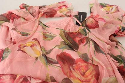  - Pink Silk Floral Print Layered Maxi Dress