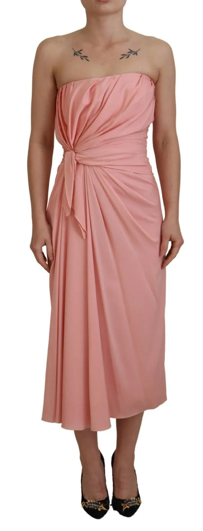  - Pink Silk Stretch Strapless Sheath Midi Dress