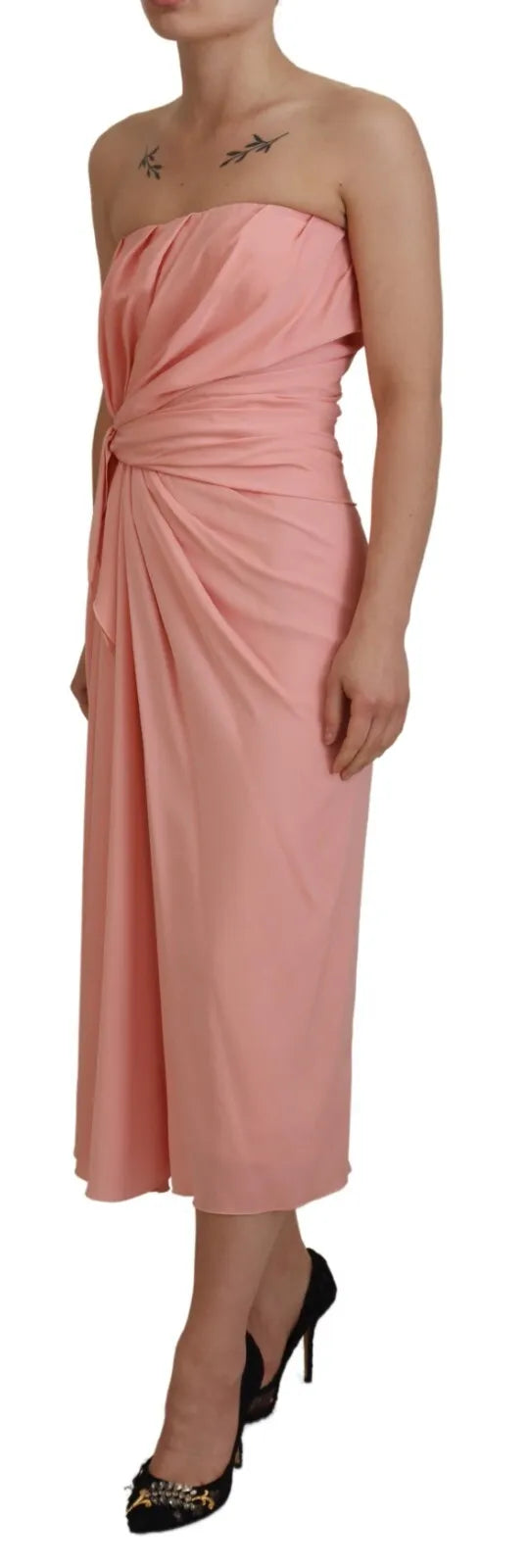  - Pink Silk Stretch Strapless Sheath Midi Dress