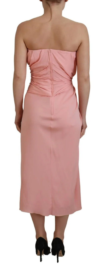  - Pink Silk Stretch Strapless Sheath Midi Dress