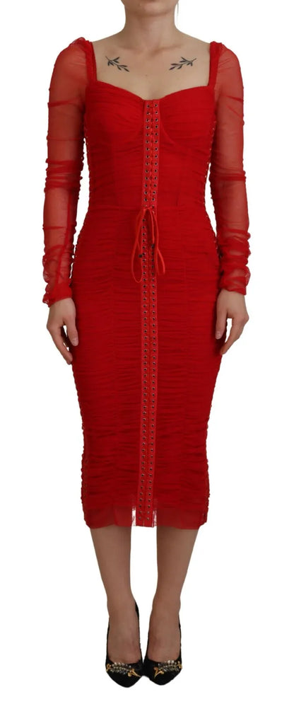  - Red Mesh Trim Bodycon Sheath Midi Dress