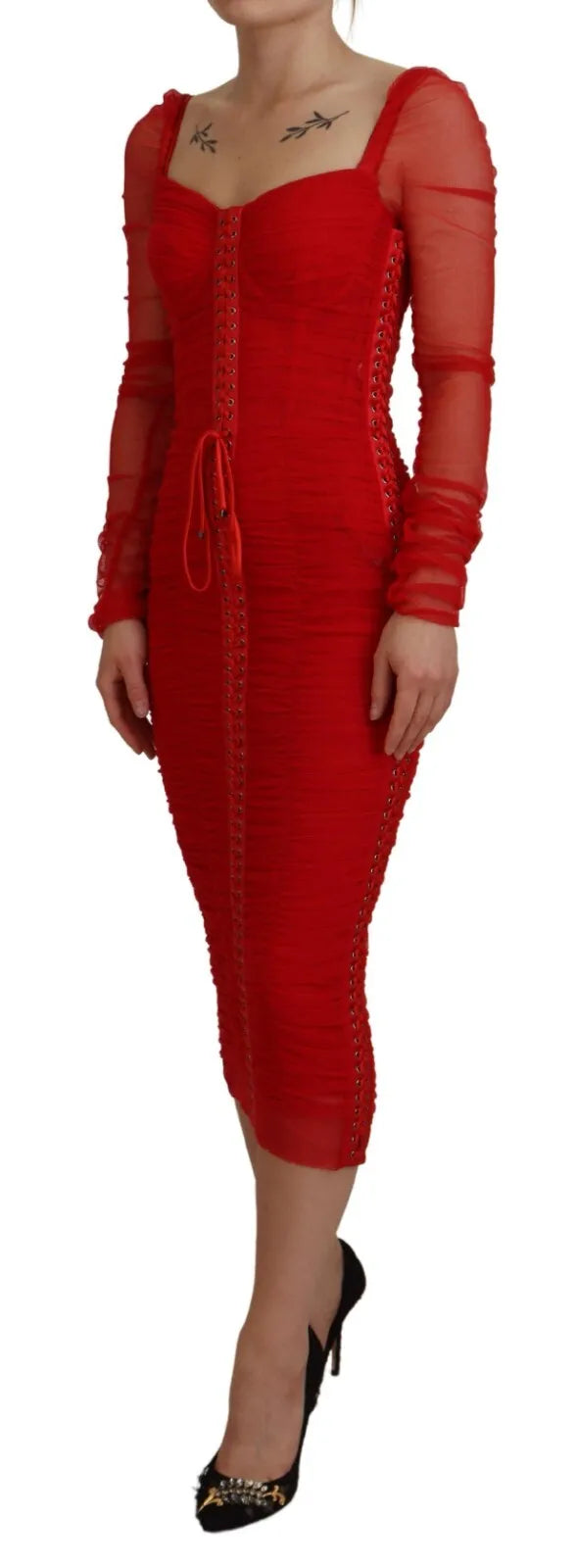  - Red Mesh Trim Bodycon Sheath Midi Dress