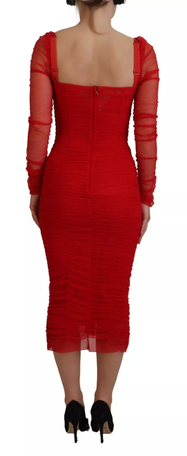  - Red Mesh Trim Bodycon Sheath Midi Dress