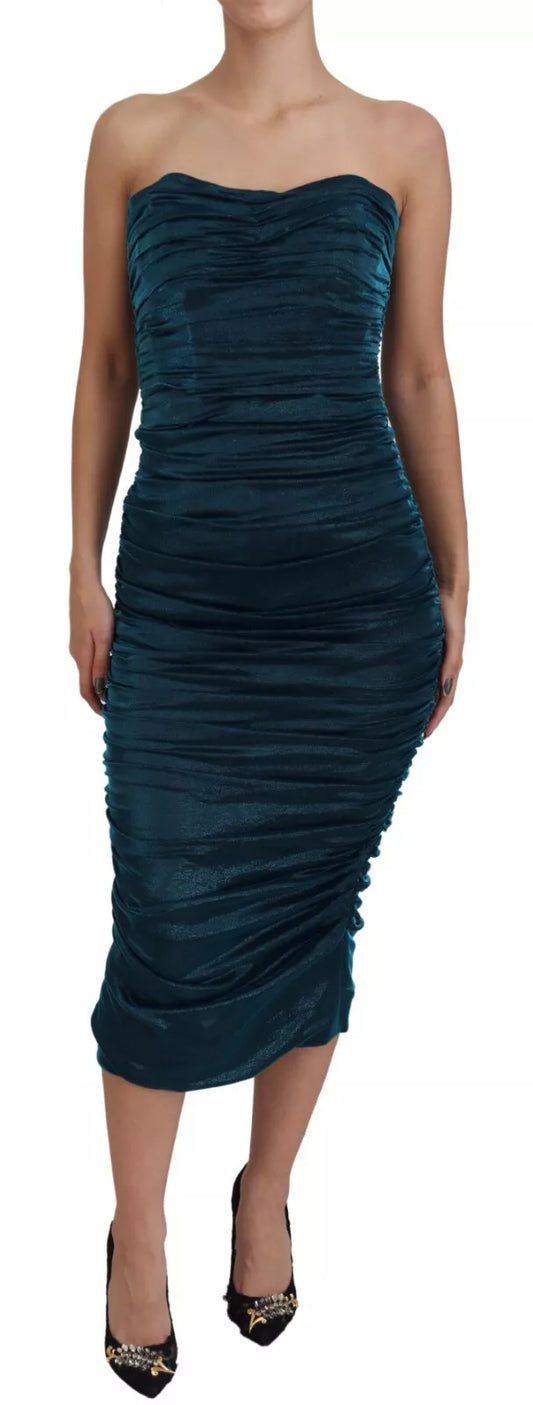  - Silk Blend Blue Satin Fitted Strapless Dress