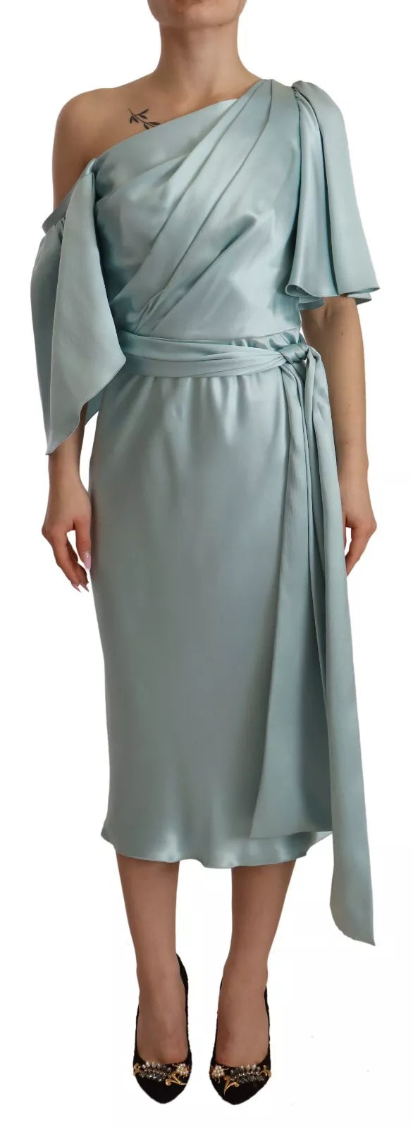  - Silk Mint Green Fit Cut One Shoulder Midi Dress